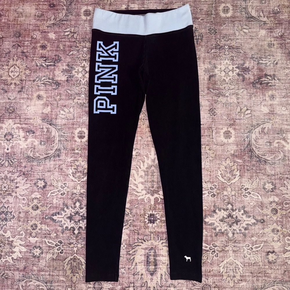 Victorias Secret PINK Yoga Leggings Black Blue Foldover Waist Logo Small